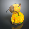 Sitting Yellow Cat Stuffed Toy With Vibrant Floral Patterns And Long Whiskers