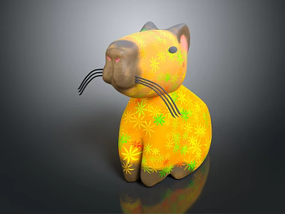 Sitting Yellow Cat Stuffed Toy With Vibrant Floral Patterns And Long Whiskers 3d model