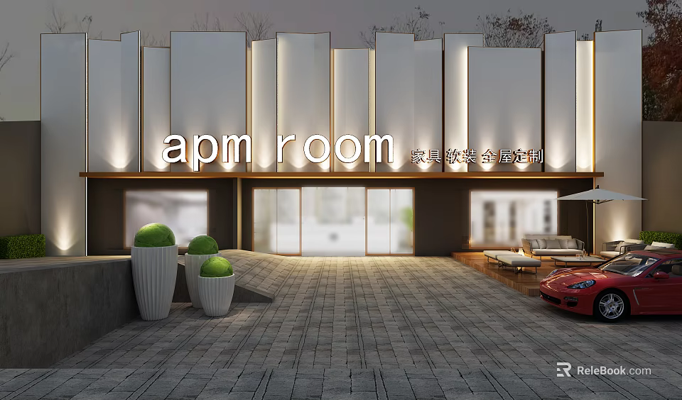 Modern apm room Storefront Design With White Walls Illuminated Signage Glass Doors And Green Plants 3d model 