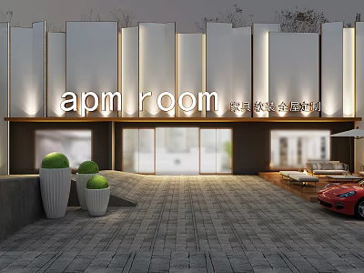 Modern apm room Storefront Design With White Walls Illuminated Signage Glass Doors And Green Plants 3d model