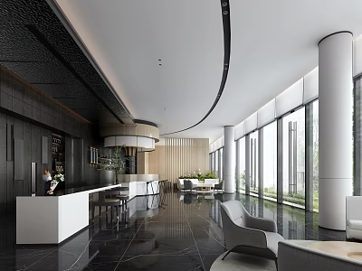 Modern Sales Office Interior Design With Spacious Lobby Reception Counter And Large Windows 3d model