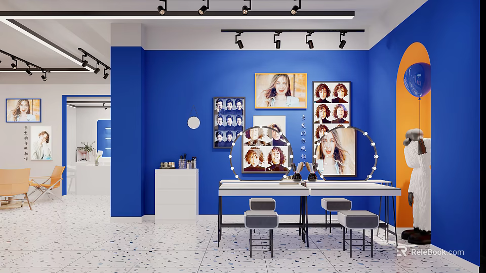 Blue Themed Studio Interior Design With Framed Portraits Lighted Mirror White Cabinets And Orange Accents 3d model 