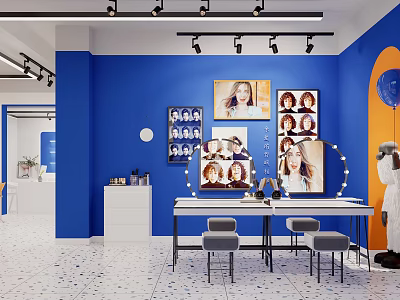 Blue Themed Studio Interior Design With Framed Portraits Lighted Mirror White Cabinets And Orange Accents 3d model