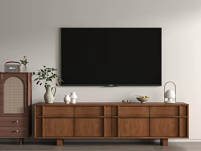 Modern Wooden TV Stand With Flat Screen TV Decorative Vase Fruit Bowl And Table Lamp 3d model