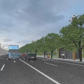 Urban Road Facilities With Vehicles Pedestrians Sidewalks Street Lighting Trees And Soccer Field