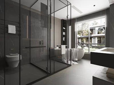 Modern Luxury Dark Tone Bathroom With Glass Shower Enclosure And Freestanding Bathtub Beside Large Window 3d model