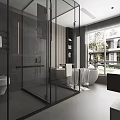 Modern Luxury Dark Tone Bathroom With Glass Shower Enclosure And Freestanding Bathtub Beside Large Window
