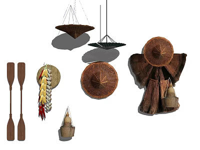 Creative Garden Ornaments With Woven Hanging Decor Straw Hats And Wooden Paddles 3d model