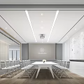 Modern Meeting Room Interior With Long Table Chairs Whiteboard And Ceiling Lighting 3d model