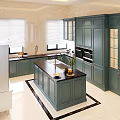 Modern Open Kitchen Interior Design With Island Counter Green Cabinets And Appliances