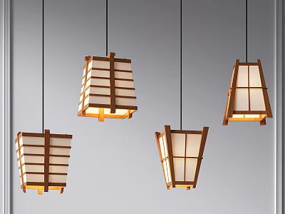 Wooden Lattice Design Pendant Lights With Warm Glow Hanging In Modern Interior Space 3d model