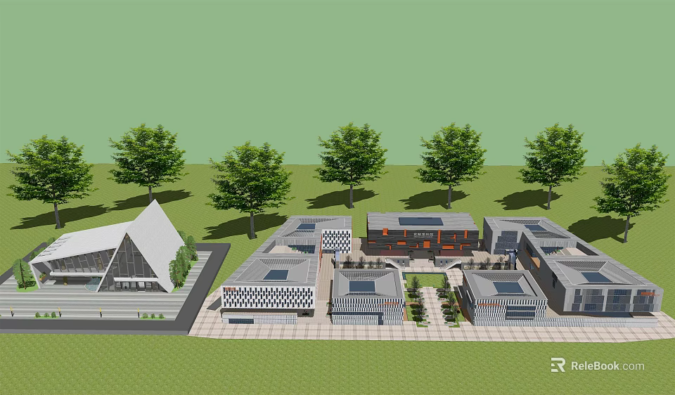 Modern Museum Building Complex With Geometric Design And Tree Surrounded Courtyard 3d model