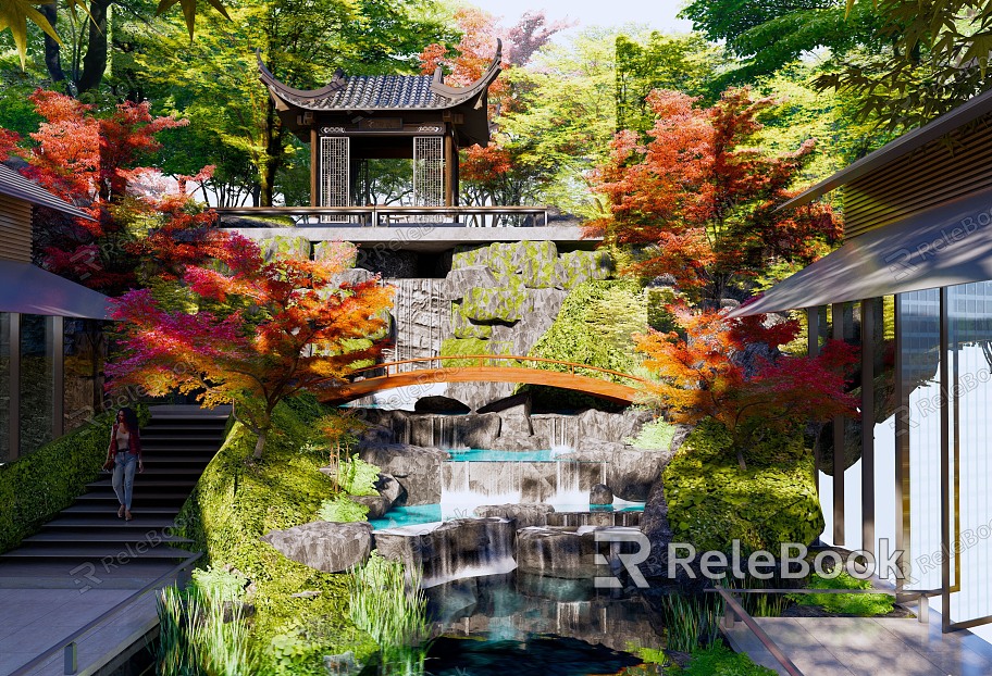 New Chinese-style courtyard waterscape pavilion rockery waterscape stone rockery landscape bridge steps arbor viewing pavilion stacked water landscape model