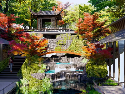 Natural Rockery Stones With Waterfall Red Maple Trees And Pavilion In Traditional Garden 3d model
