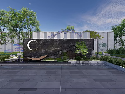Modern Feature Wall Design With Black Stone Crescent Moon And Surrounding Greenery 3d model