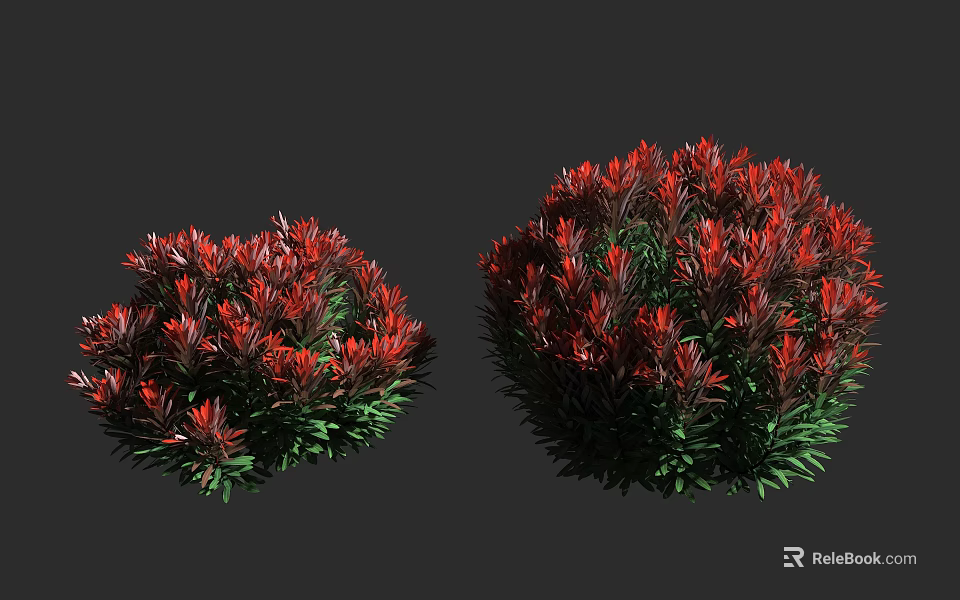 Two Red Flowering Shrubs With Green Leaves On Gray Background 3d model 