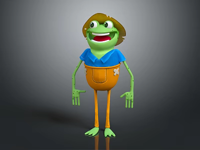 Cheerful Green Frog Game And Movie Character With Brown Hat Blue Shirt And Orange Overalls 3d model