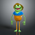 Cheerful Green Frog Game And Movie Character With Brown Hat Blue Shirt And Orange Overalls