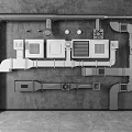 Industrial Pipe System Layout with Valves Control Panels and Fittings on Concrete Wall