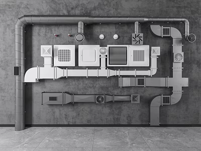 Industrial Pipe System Layout with Valves Control Panels and Fittings on Concrete Wall 3d model