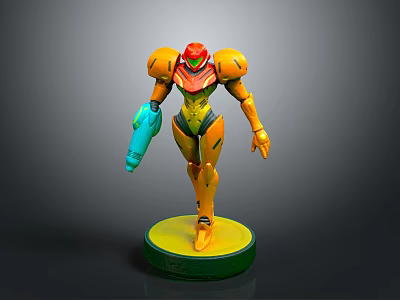Futuristic Game Movie Character in Orange Armor Red Helmet with Blue Weapon on Green Base 3d model