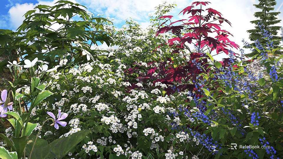 Lush Mixed Flowers in Garden with White Blooms Red Leaves and Blue Petals 3d model 