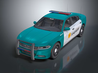 Teal Police Car With Flashing Lights SALINAS Logo And Push Bumper 3d model