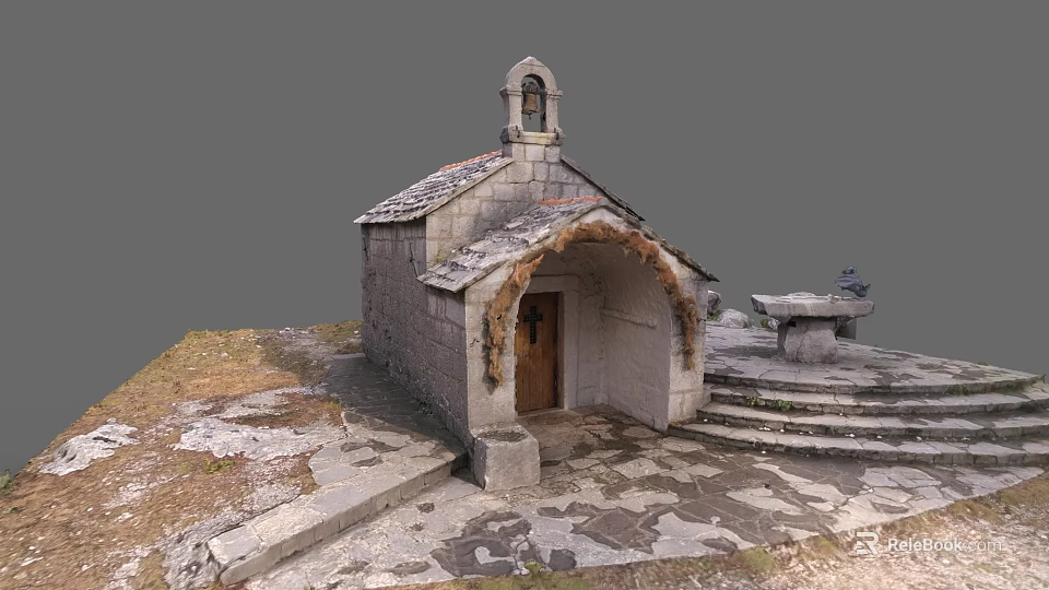 Rustic Garden Landscape With Stone Chapel Bell Tower Arched Entrance And Steps 3d model 