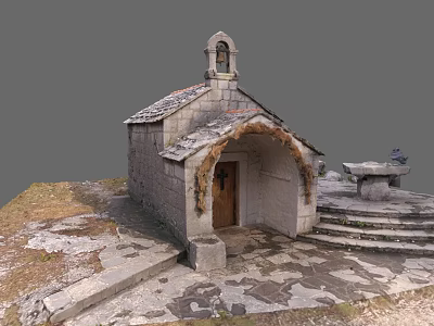 Rustic Garden Landscape With Stone Chapel Bell Tower Arched Entrance And Steps 3d model