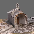 Rustic Garden Landscape With Stone Chapel Bell Tower Arched Entrance And Steps