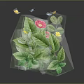 Green Leaf Plant With Pink Yellow Flowers And Butterflies On Gray Background With Reflection