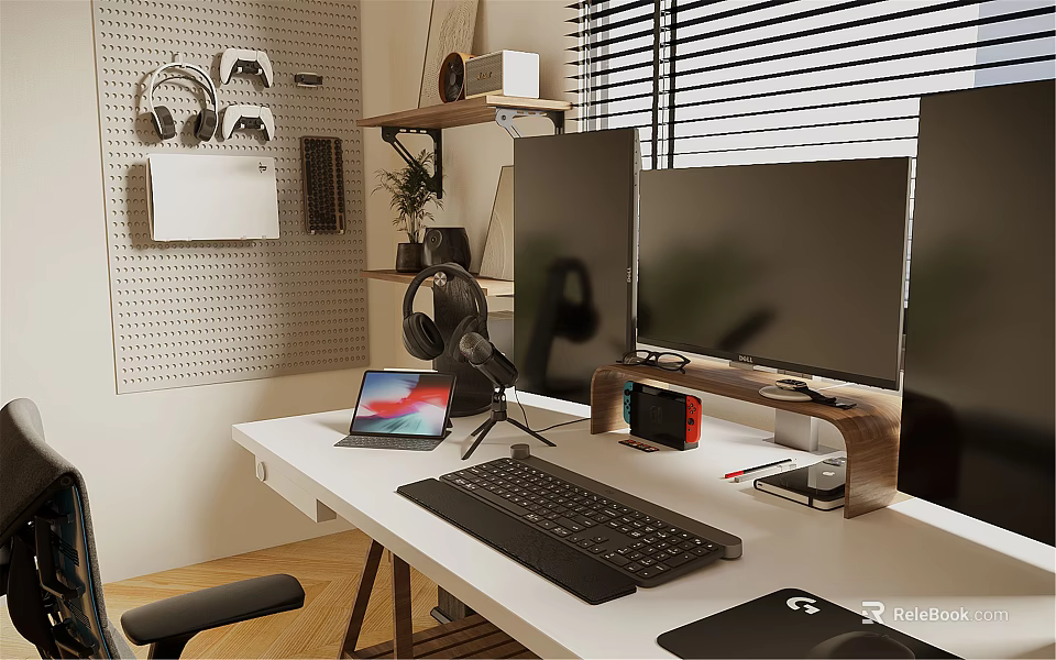 Public Office Space With Organized Workstation Multiple Monitors Laptop Headphones Shelf Plant And Perforated Wall 3d model 