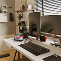 Public Office Space With Organized Workstation Multiple Monitors Laptop Headphones Shelf Plant And Perforated Wall