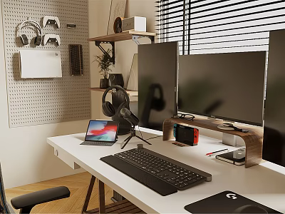 Public Office Space With Organized Workstation Multiple Monitors Laptop Headphones Shelf Plant And Perforated Wall 3d model