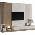 Modern TV Background Wall Design With Wooden Panels Light Colors And Decorative Items