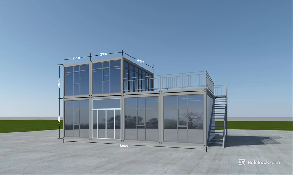 Two Story Container Building With Large Glass Windows Balcony And Metal Staircase Modern Design Structure 3d model 