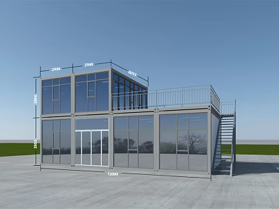 Two Story Container Building With Large Glass Windows Balcony And Metal Staircase Modern Design Structure 3d model
