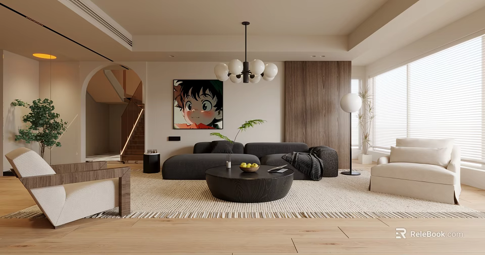 Modern Living Dining Room Interior With Grey Sofa Pendant Light Round Rug And Wooden Wall 3d model 