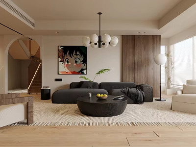 Modern Living Dining Room Interior With Grey Sofa Pendant Light Round Rug And Wooden Wall 3d model