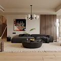 Modern Living Dining Room Interior With Grey Sofa Pendant Light Round Rug And Wooden Wall
