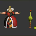 Cartoon Queen in Red Yellow Black Dress Crown Green Long Legged Bird and Yellow Ball