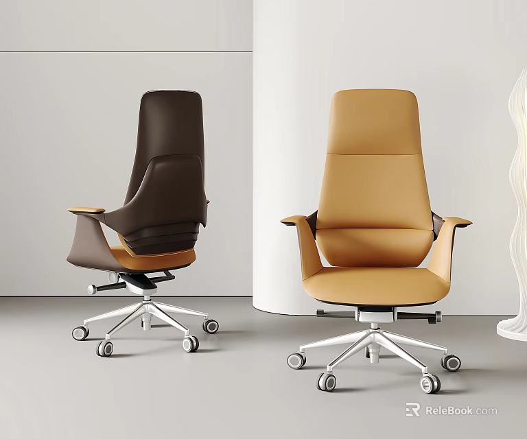 Modern Leather Office Chair in Brown Tan with Ergonomic Design and Swivel Wheels 3d model 
