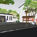 Picturesque Village Street With Stone Path People Walking Traditional Houses Trees And Car