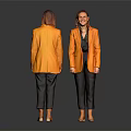Woman In Orange Blazer And Black Pants Front And Back View On Gray Background