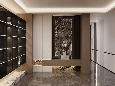 Elegant Modern Entryway Hallway Interior Design With Wall Cabinets Decorative Art And Marble Flooring 3d model