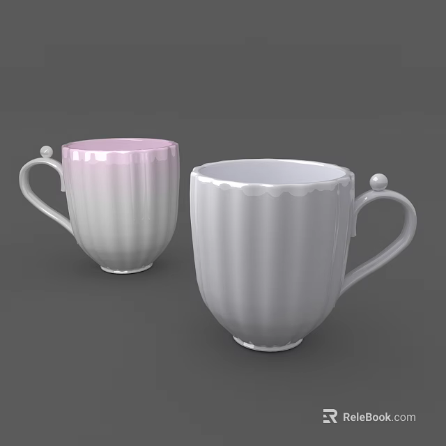 Ceramic Pink and White Striped Mugs With Ball Shaped Handle Decoration 3d model 