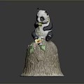 Cute Panda Figurine Sitting On Tree Stump Base With Yellow Flower And Green Leaves