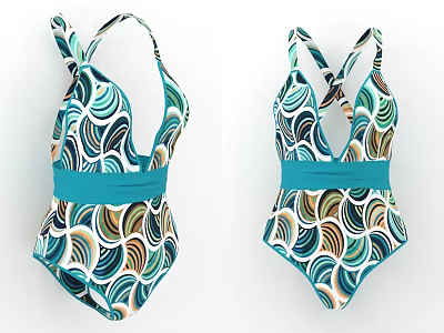 Stylish Women's One Piece Swimsuit With Colorful Wave Pattern Crisscross Back And Turquoise Belt 3d model