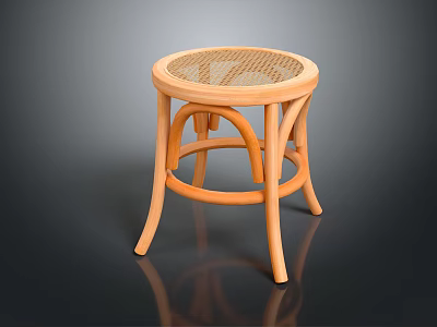 Wooden Rattan Round Stool with Curved Legs and Natural Handcrafted Design 3d model