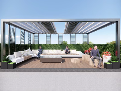 Modern Pergola With Metal Frame Sunshade And Outdoor Seating Surrounded By Greenery 3d model